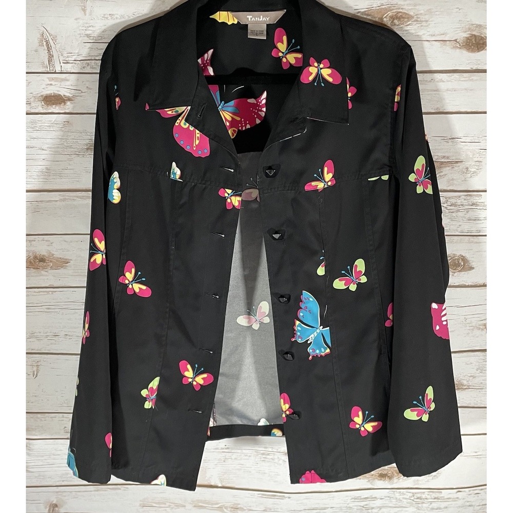 TanJay Black Butterfly Print Lightweight Jacket Size LG Colorful Retro